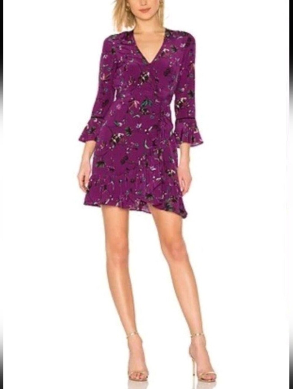 TANYA TAYLOR Nomi Dress Purple Silk Wrap Floral Long Bell Sleeve Ruffle Skirt